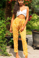 Trendy zomer broek met polka stippen mosterdgeel